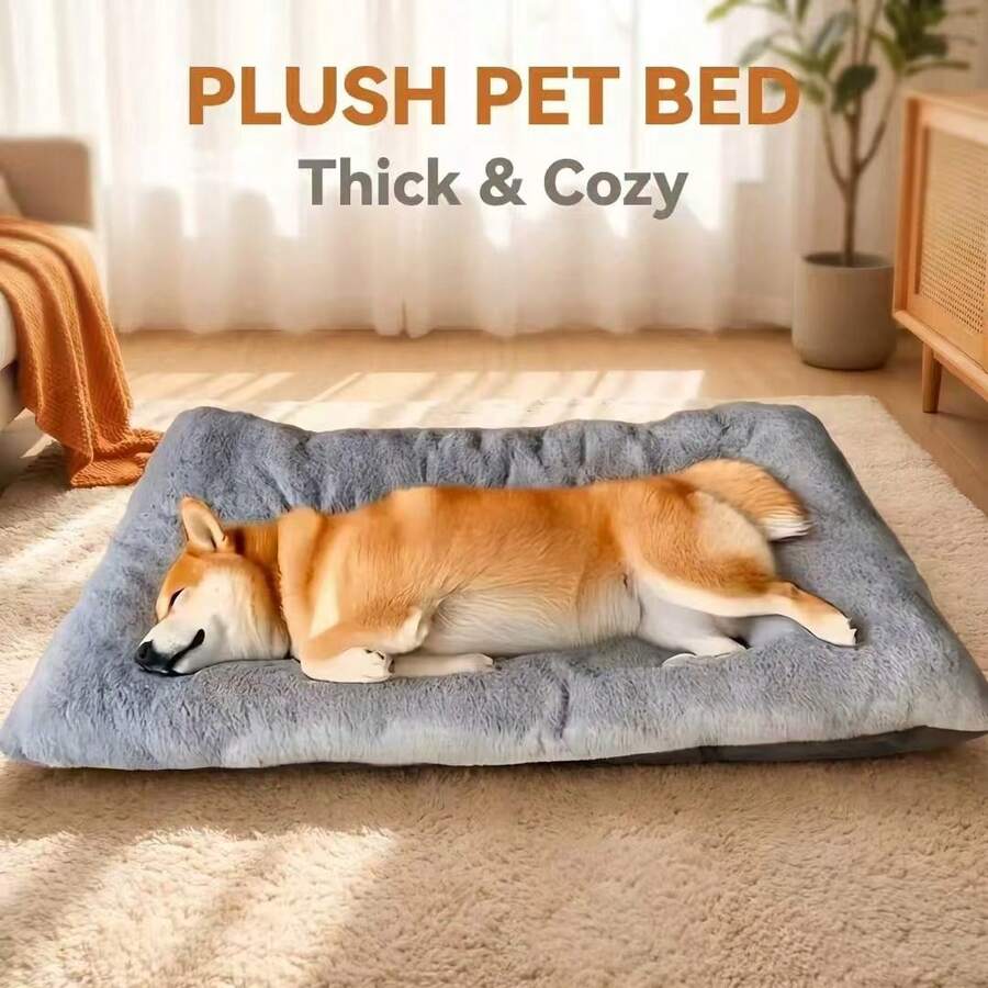 Grey ultra-thick plush pet bed mat with breathable polyester filling for cats and dogs