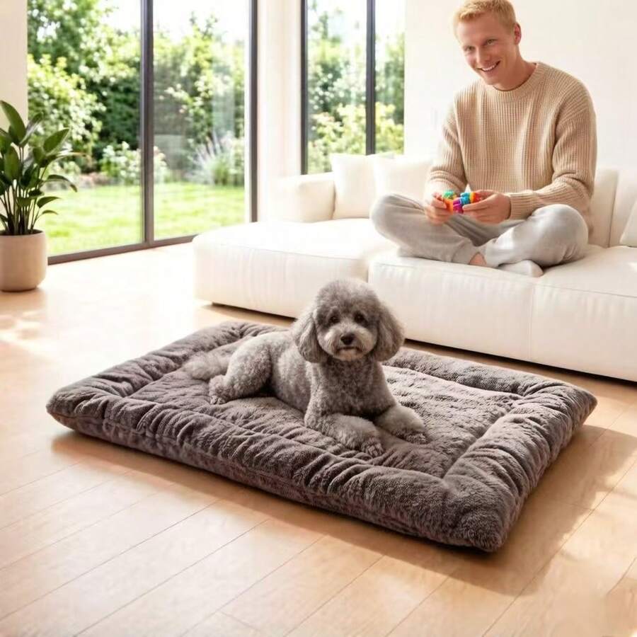 Grey ultra-thick plush pet bed mat with breathable polyester filling for cats and dogs