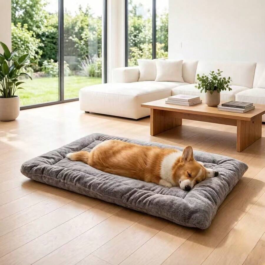 Grey ultra-thick plush pet bed mat with breathable polyester filling for cats and dogs