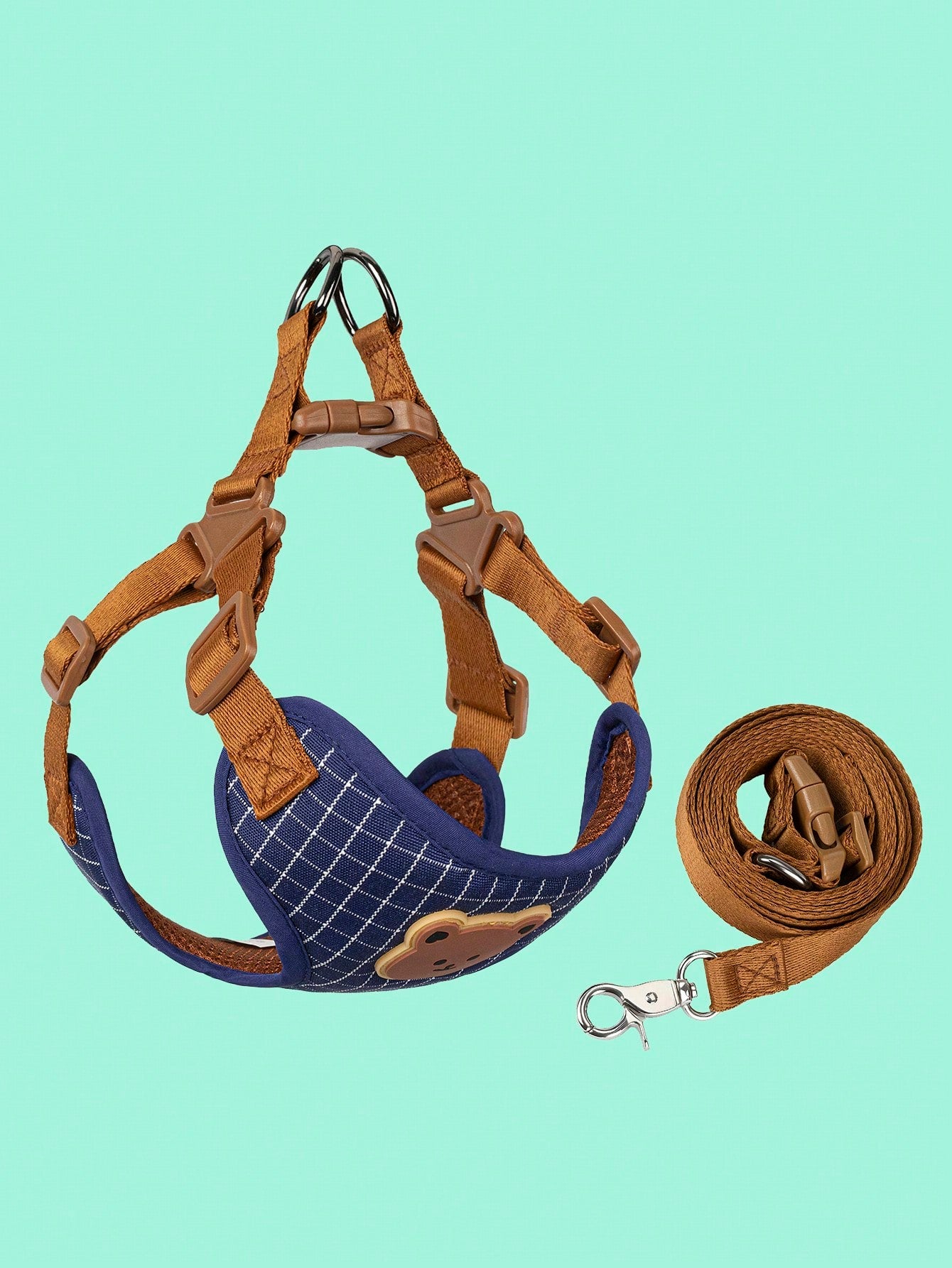 Multicolor polyester dog leash and collar set with plaid teddy bear pattern for small dogs and outdoor walking