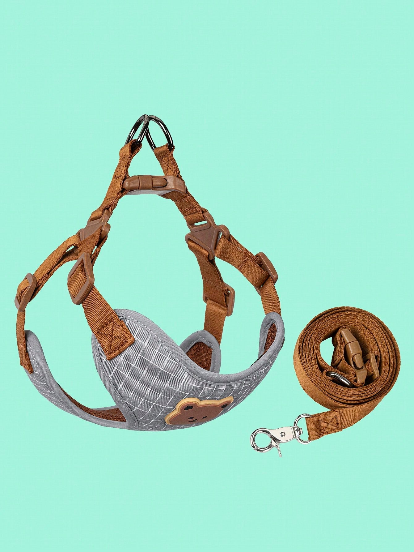 Multicolor polyester dog leash and collar set with plaid teddy bear pattern for small dogs and outdoor walking
