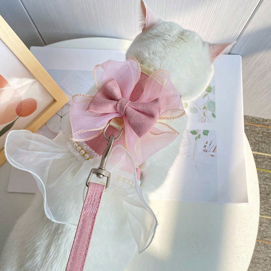 Pet Princess Style Tulle Dress Harness Leash Set, Pearl Lace Bow Vest Harness, Suitable For Small And Medium Cats And Dogs