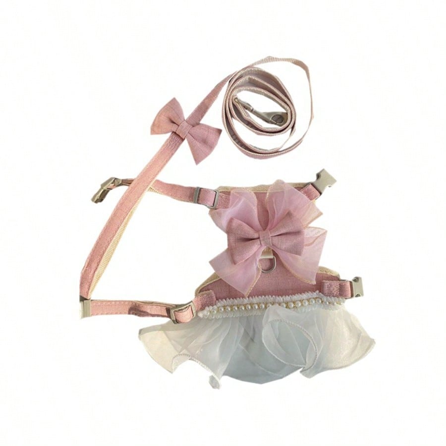 Pet Princess Style Tulle Dress Harness Leash Set, Pearl Lace Bow Vest Harness, Suitable For Small And Medium Cats And Dogs
