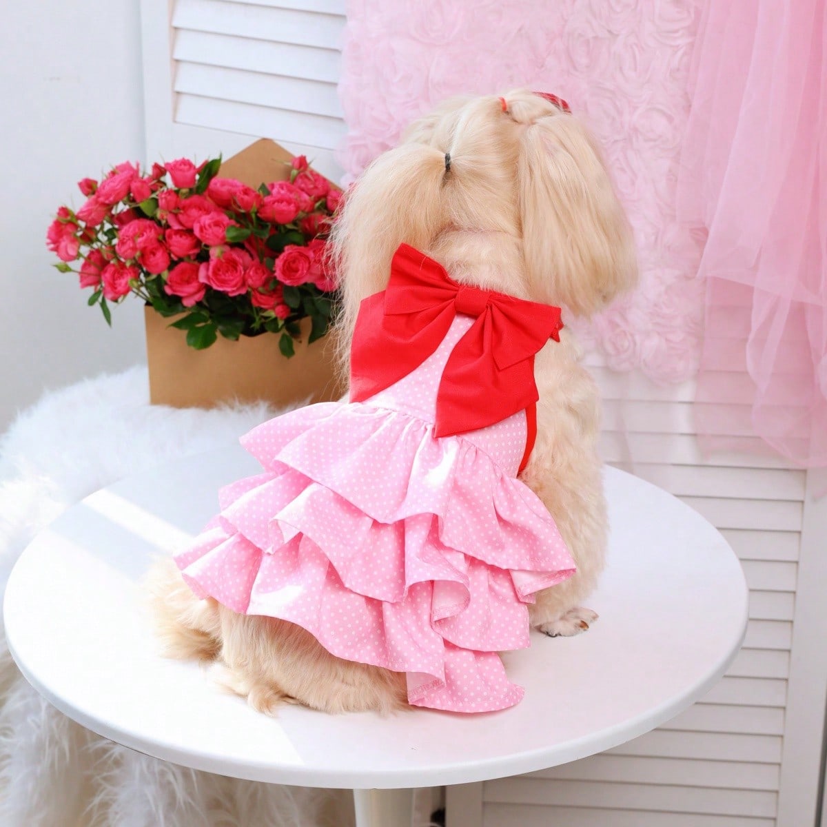 Pink Polka Dot Pet Princess Dress With Big Bow & Multi-Layer Cake Skirt, Ideal Birthday Party & Outdoor Outfit For Dogs And Cats