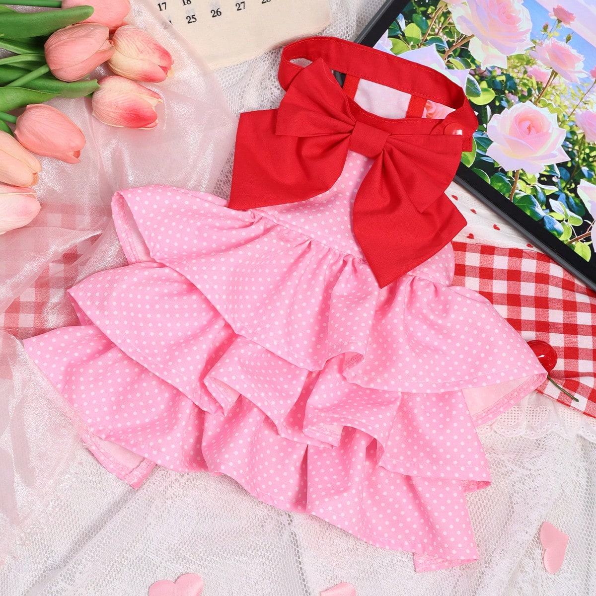 Pink Polka Dot Pet Princess Dress With Big Bow & Multi-Layer Cake Skirt, Ideal Birthday Party & Outdoor Outfit For Dogs And Cats