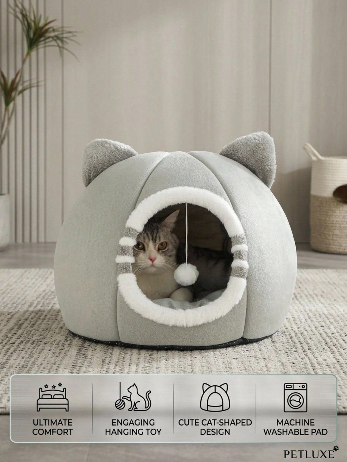Grey soft washable cat bed for indoor cats and kittens with anti-slip bottom