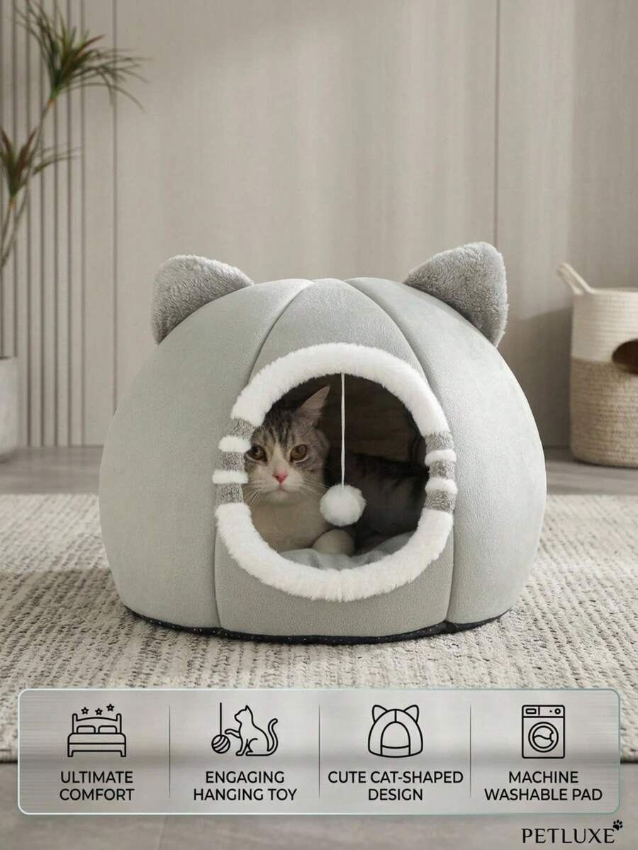 Grey soft washable cat bed for indoor cats and kittens with anti-slip bottom
