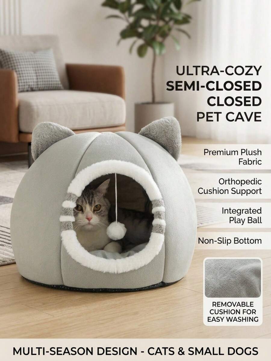 Grey soft washable cat bed for indoor cats and kittens with anti-slip bottom