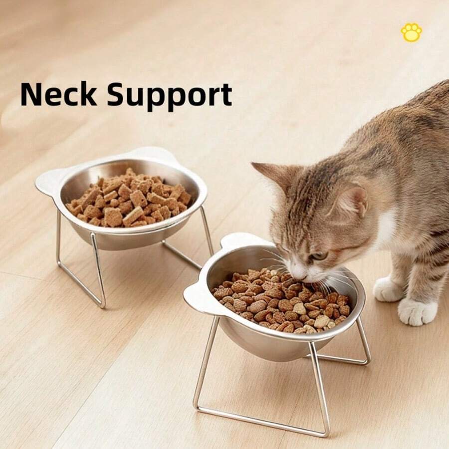 Four-piece elevated stainless steel cat bowl set with two 15-degree tilted stands for indoor cats and dogs.