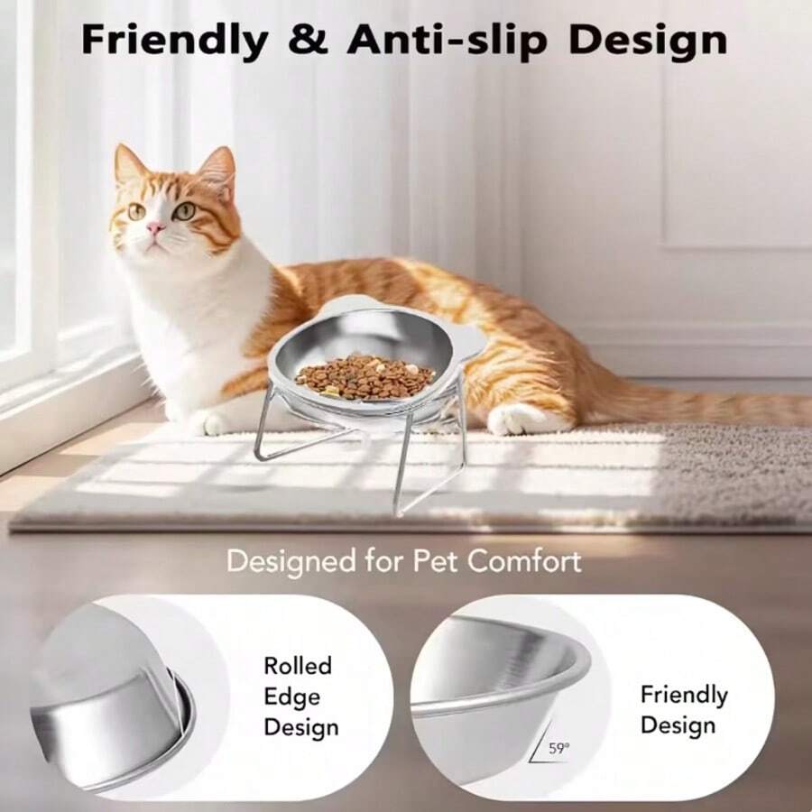 Four-piece elevated stainless steel cat bowl set with two 15-degree tilted stands for indoor cats and dogs.