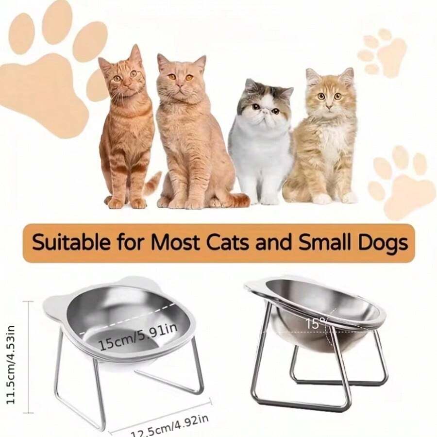 Four-piece elevated stainless steel cat bowl set with two 15-degree tilted stands for indoor cats and dogs.
