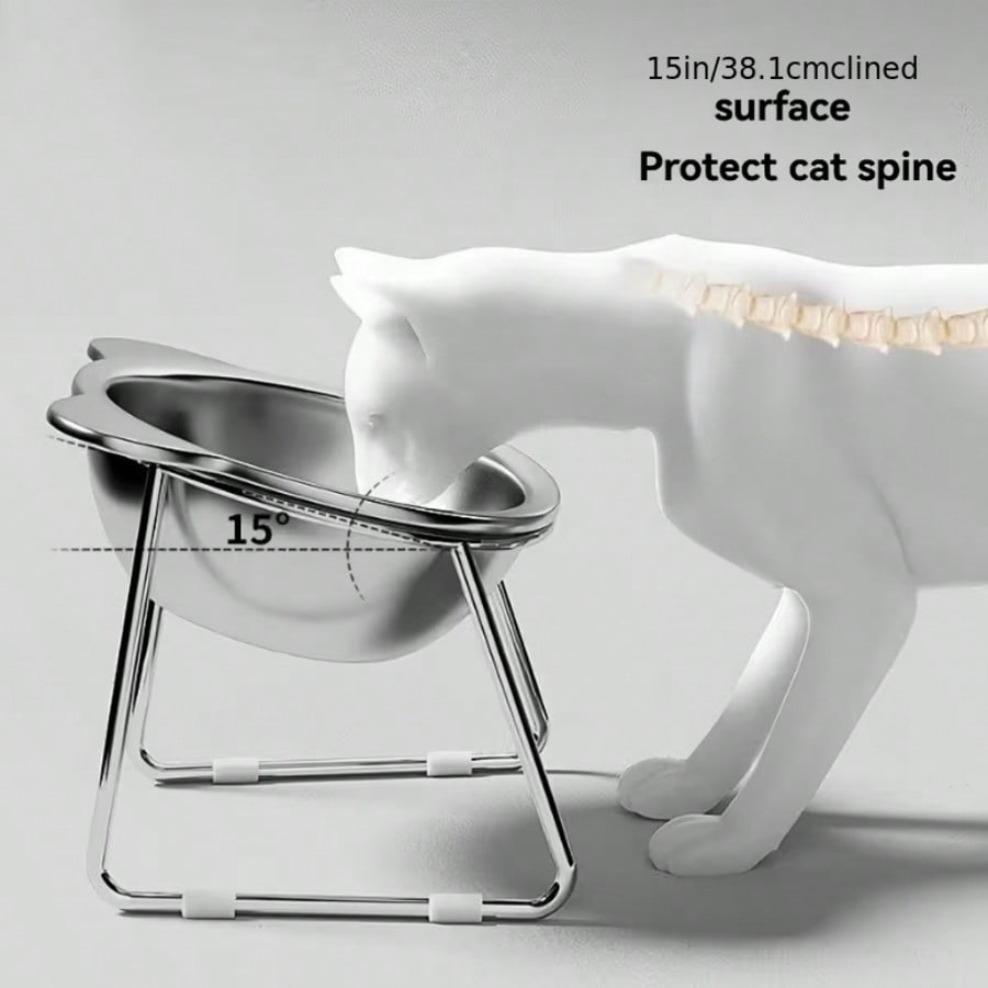 Four-piece elevated stainless steel cat bowl set with two 15-degree tilted stands for indoor cats and dogs.