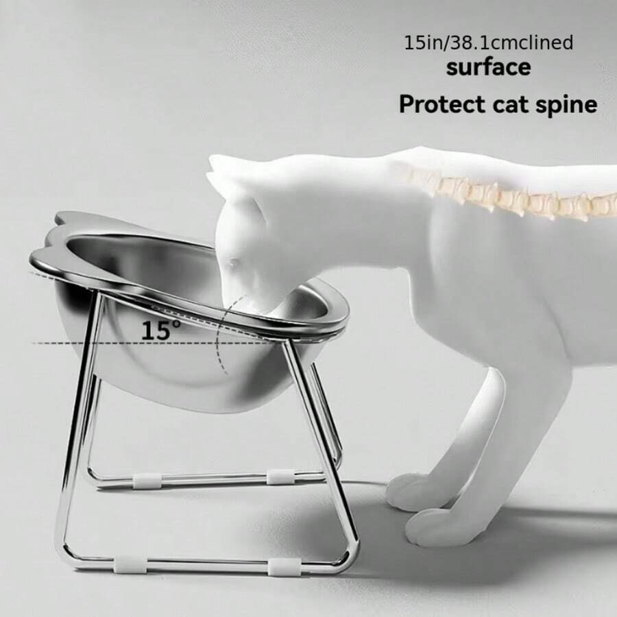 Four-piece elevated stainless steel cat bowl set with two 15-degree tilted stands for indoor cats and dogs.