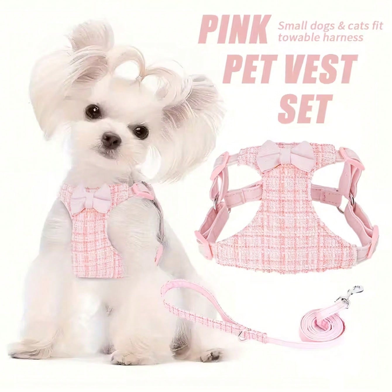 Multicolor polyester pet harness with letter pattern and 5ft leash, adjustable for small cats and dogs