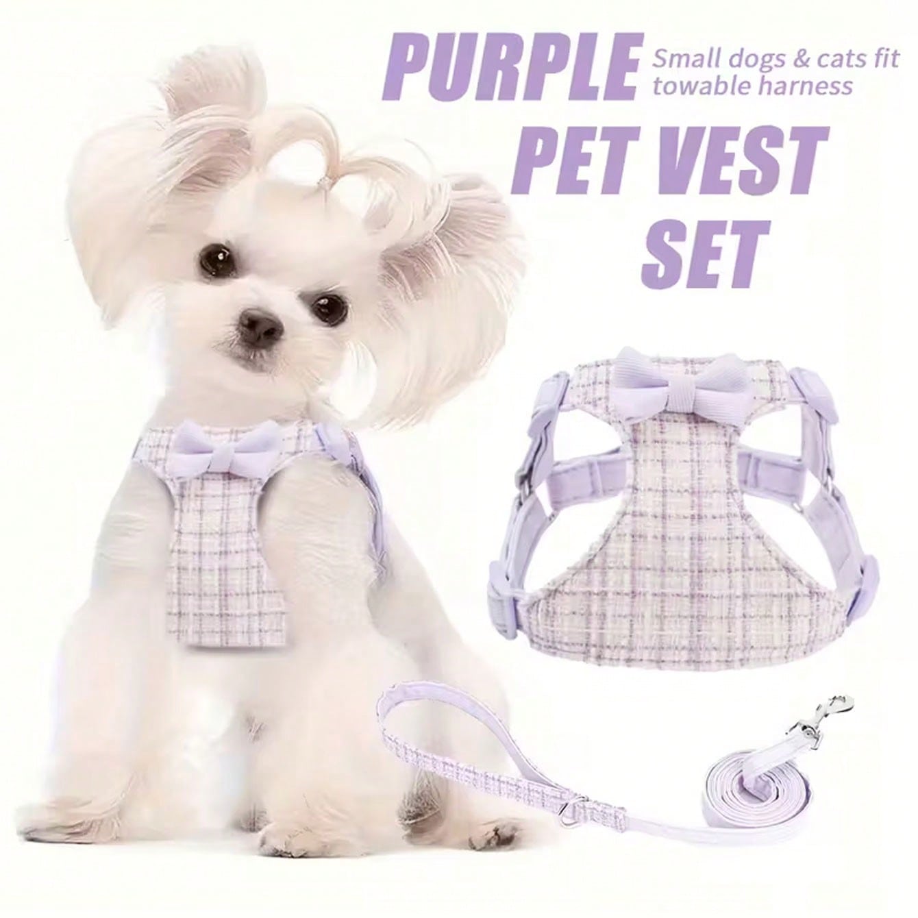 Multicolor polyester pet harness with letter pattern and 5ft leash, adjustable for small cats and dogs