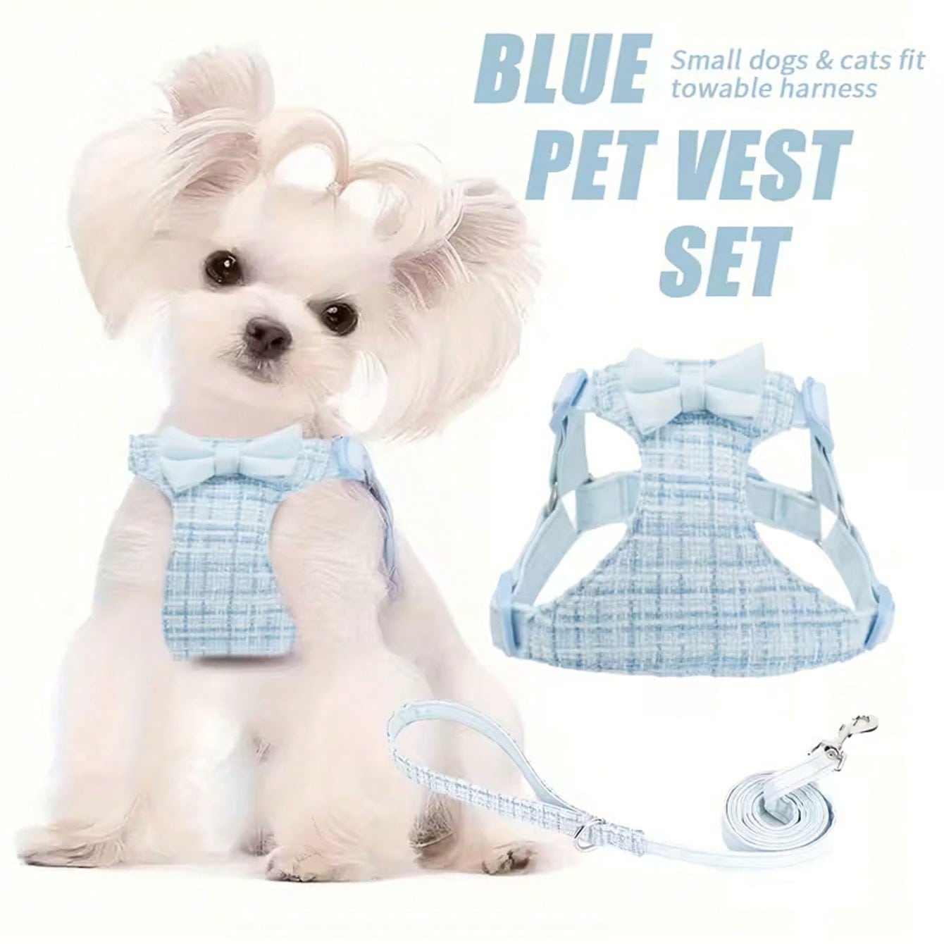 Multicolor polyester pet harness with letter pattern and 5ft leash, adjustable for small cats and dogs