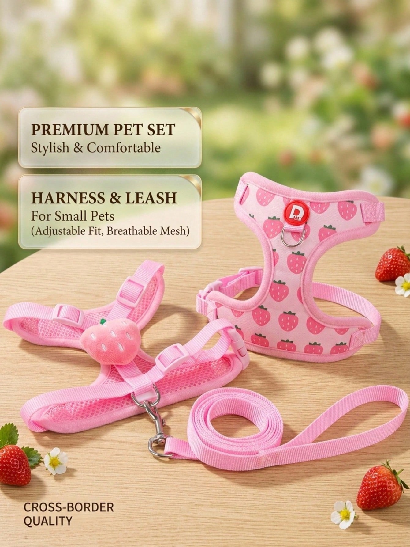 Yellow polyester pet harness and leash set with fruit and vegetable pattern, adjustable vest design for cats and small dogs for outdoor walking.