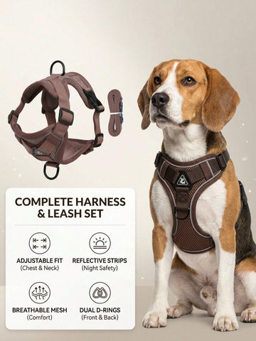 Coffee brown reflective pet harness and leash set with adjustable anti-escape chest strap for cats and small dogs