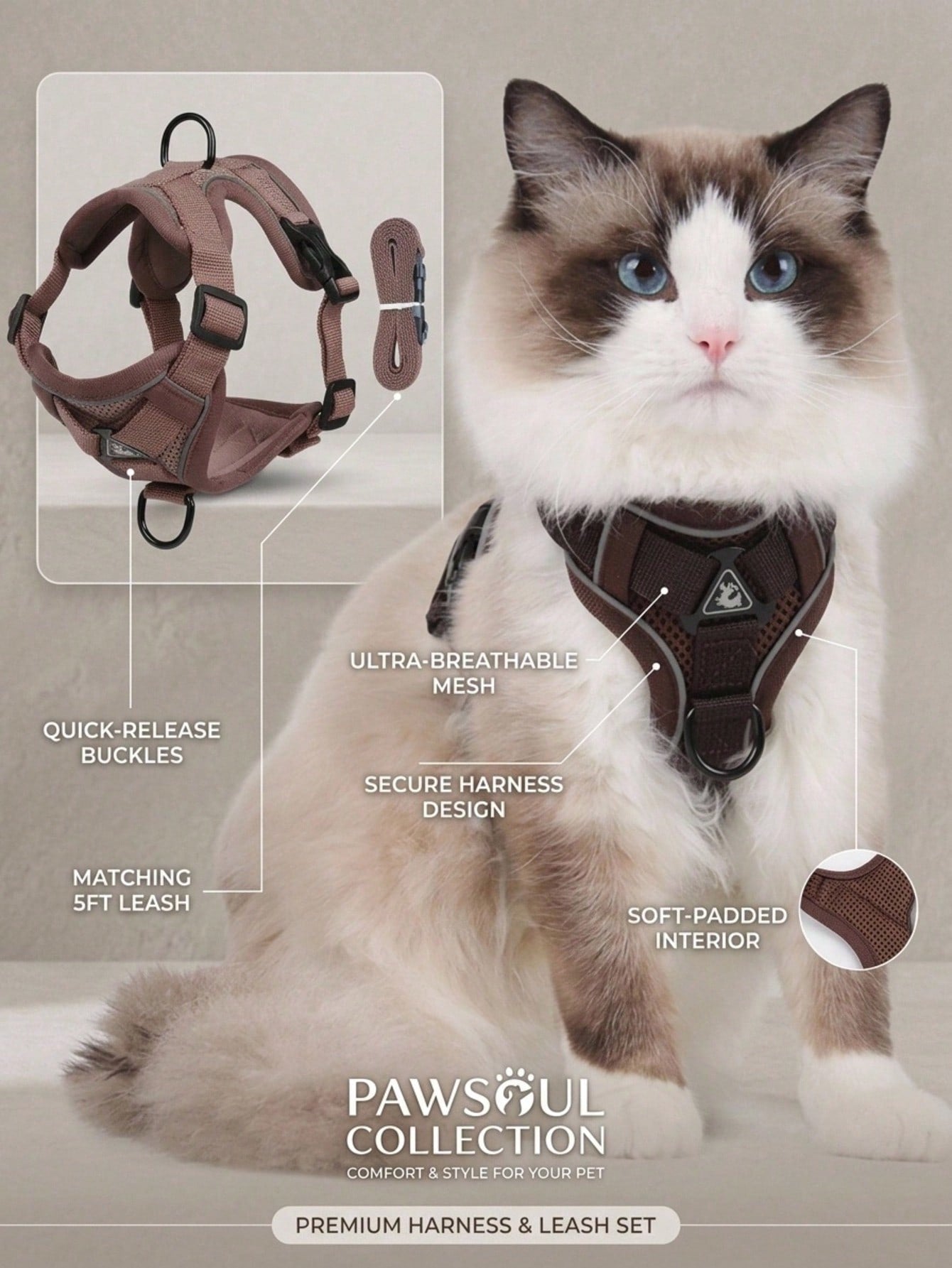 Coffee brown reflective pet harness and leash set with adjustable anti-escape chest strap for cats and small dogs