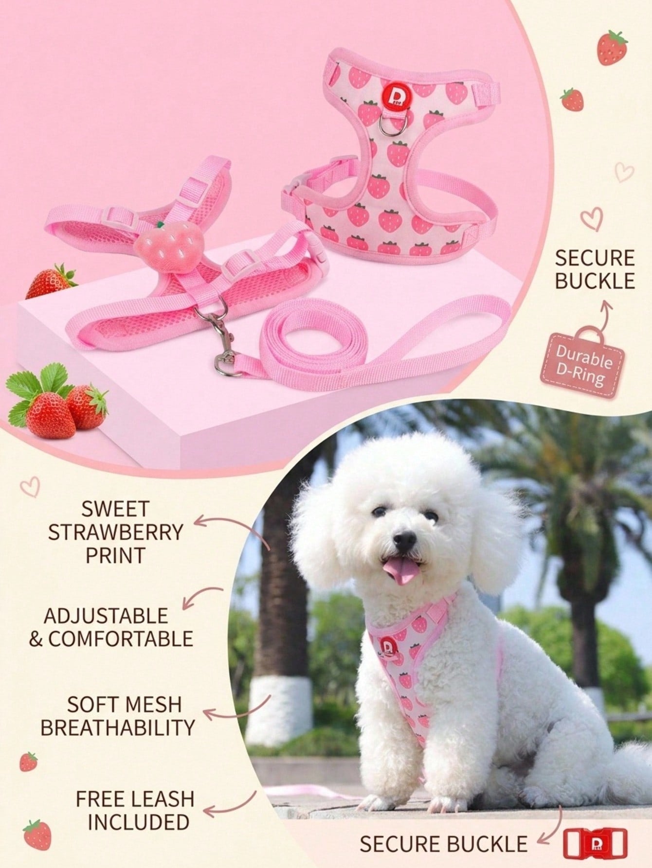 Yellow polyester pet harness and leash set with fruit and vegetable pattern, adjustable vest design for cats and small dogs for outdoor walking.