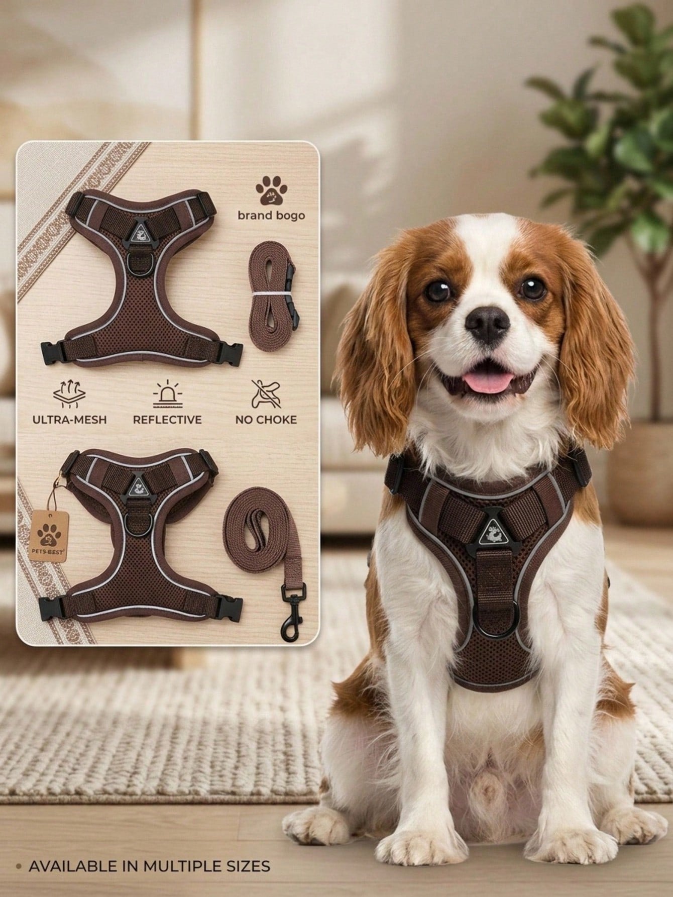 Coffee brown reflective pet harness and leash set with adjustable anti-escape chest strap for cats and small dogs