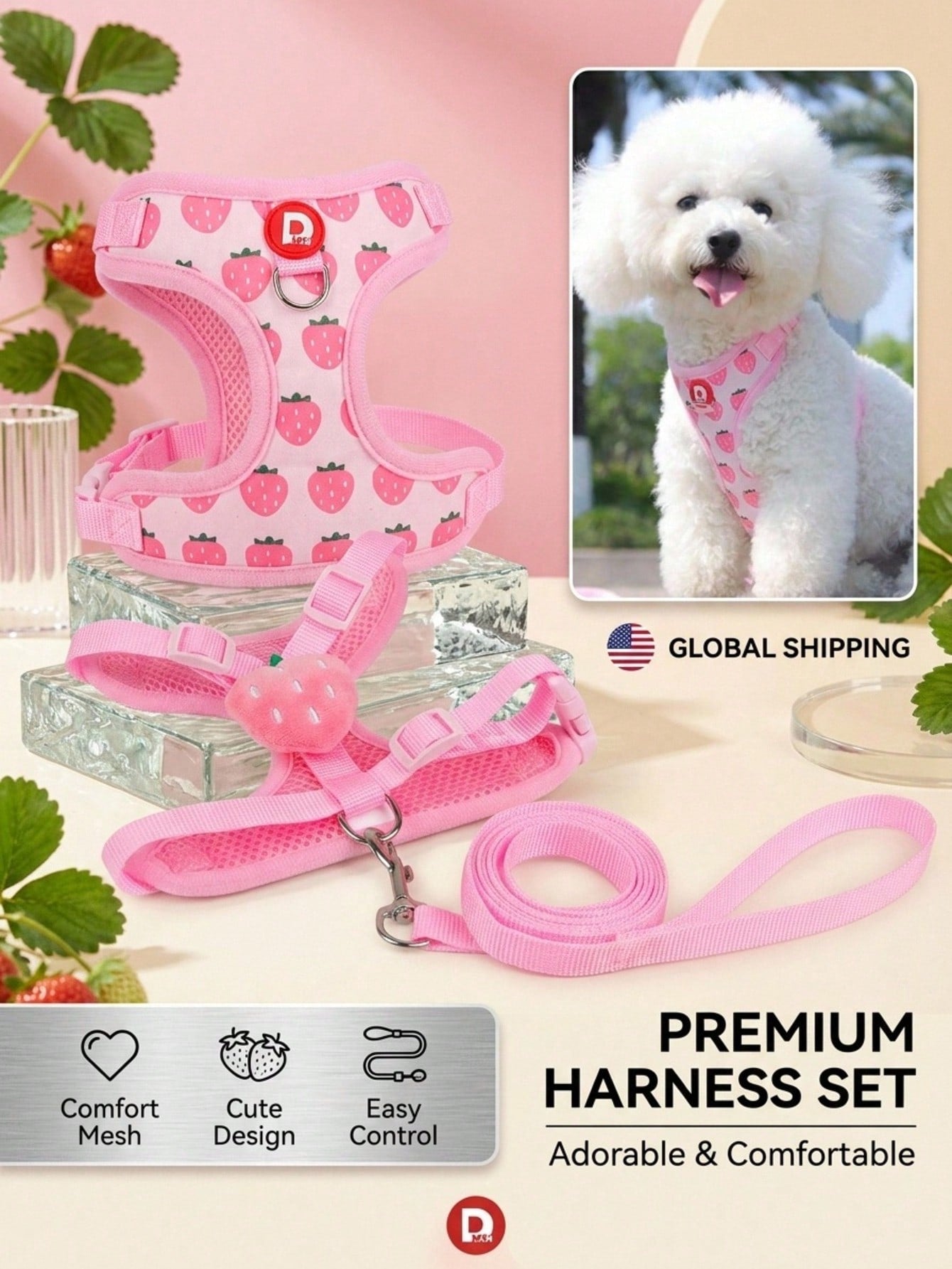 Yellow polyester pet harness and leash set with fruit and vegetable pattern, adjustable vest design for cats and small dogs for outdoor walking.