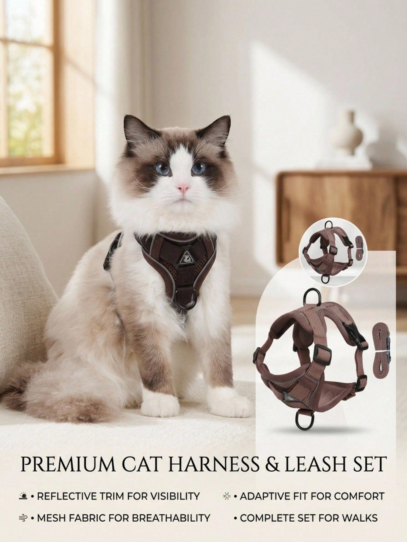 Coffee brown reflective pet harness and leash set with adjustable anti-escape chest strap for cats and small dogs