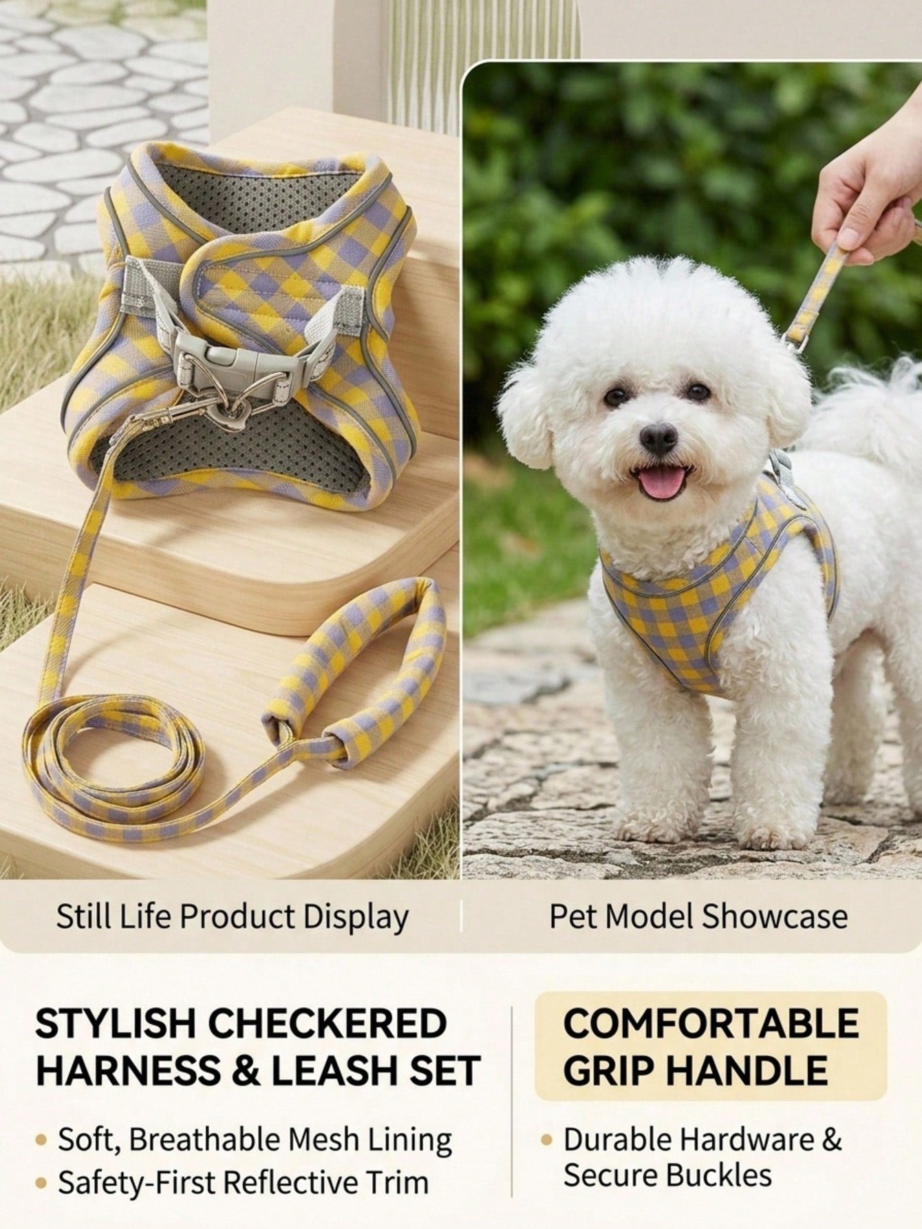 Multicolor plaid breathable vest-type dog harness made from polyurethane PU, suitable for cats and small to medium-sized dogs for outdoor use.