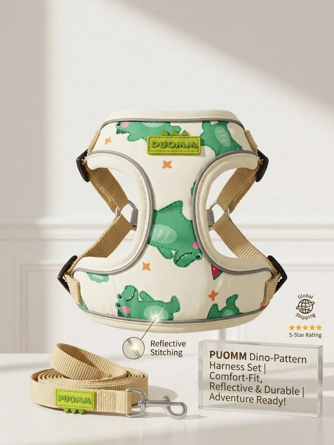 Beige polyester dog harness and leash set with adjustable reflective design for small dogs, suitable for outdoor walking in all seasons.
