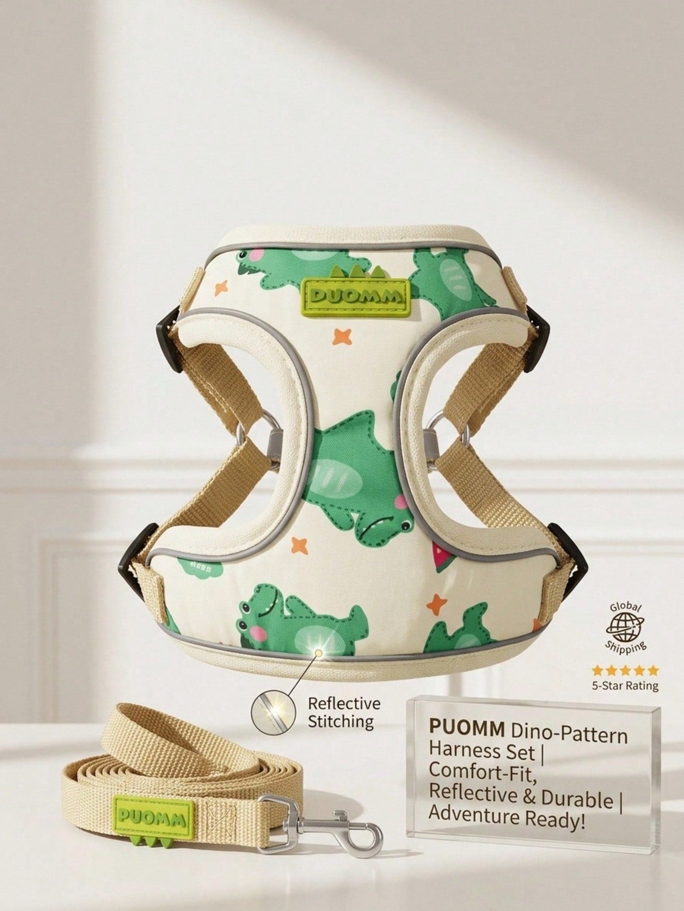 Beige polyester dog harness and leash set with adjustable reflective design for small dogs, suitable for outdoor walking in all seasons.