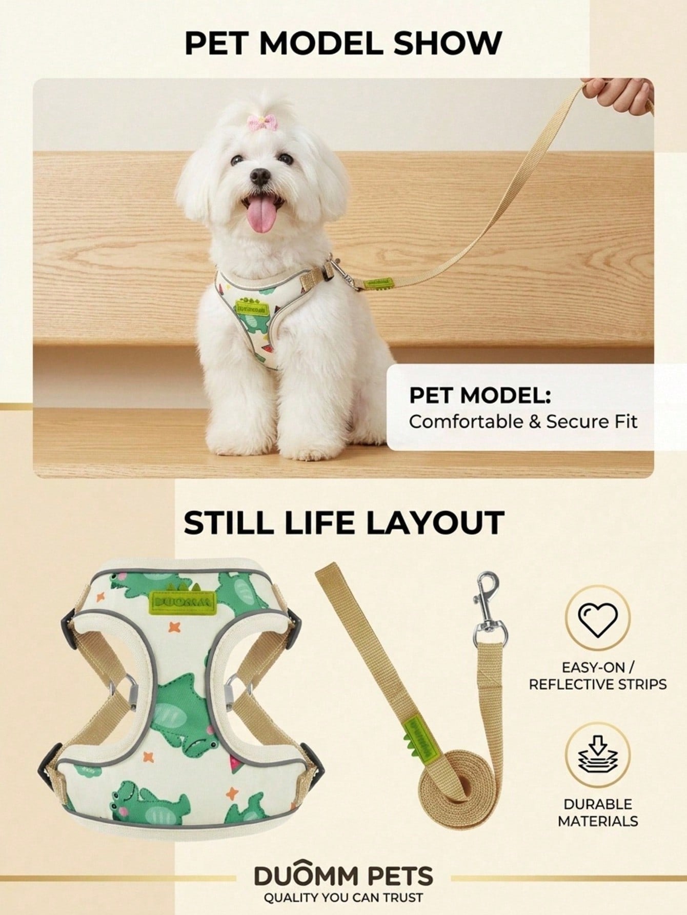Beige polyester dog harness and leash set with adjustable reflective design for small dogs, suitable for outdoor walking in all seasons.