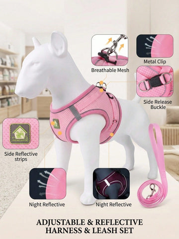 Pink vest-style pet harness and leash set with fruit and vegetable pattern, reflective adjustable polyester design for cats and puppies