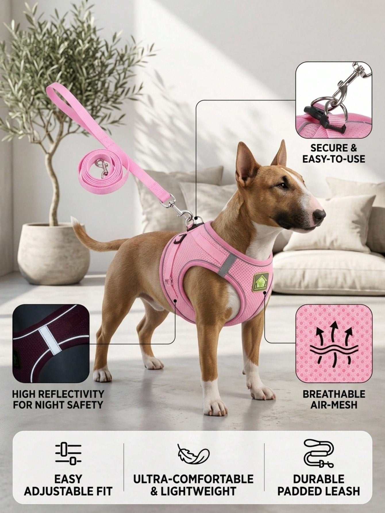 Pink vest-style pet harness and leash set with fruit and vegetable pattern, reflective adjustable polyester design for cats and puppies