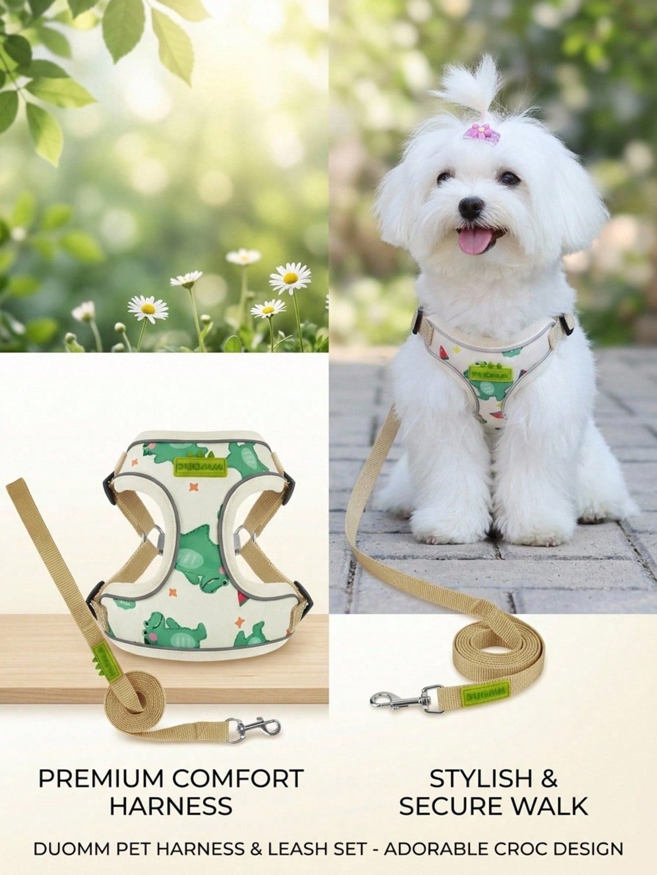 Beige polyester dog harness and leash set with adjustable reflective design for small dogs, suitable for outdoor walking in all seasons.