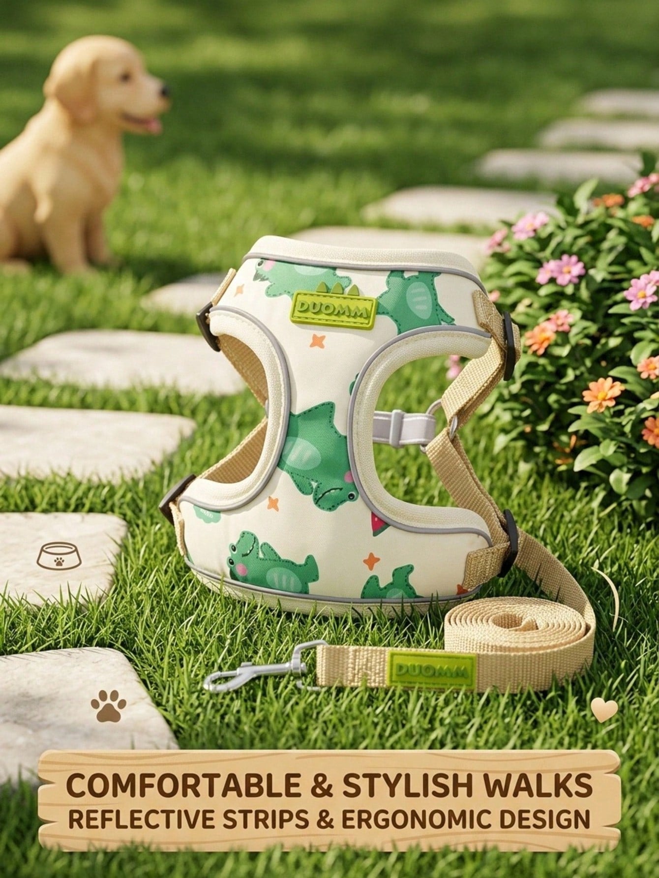 Beige polyester dog harness and leash set with adjustable reflective design for small dogs, suitable for outdoor walking in all seasons.