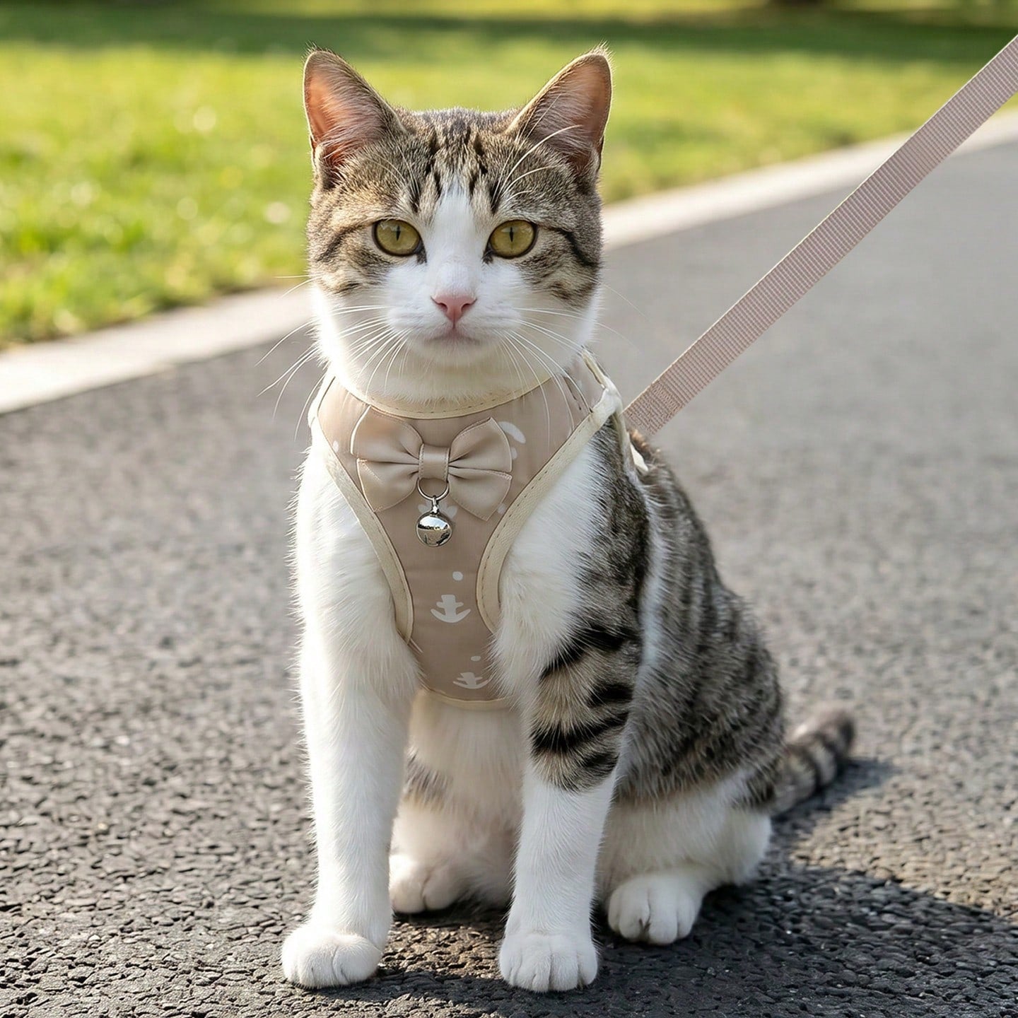 Beige anchor-shaped cat and dog leash and harness set with geometric graphic pattern, designed for small pets and made from polyester.