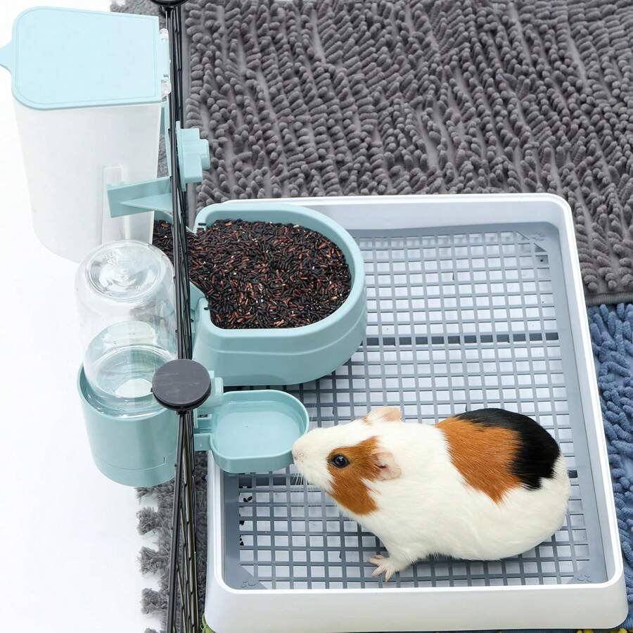Easy-attach ABS plastic pet feeder and water dispenser set with 500ML+1L capacity for small animals like rabbits, cats, dogs, ferrets, and birds.