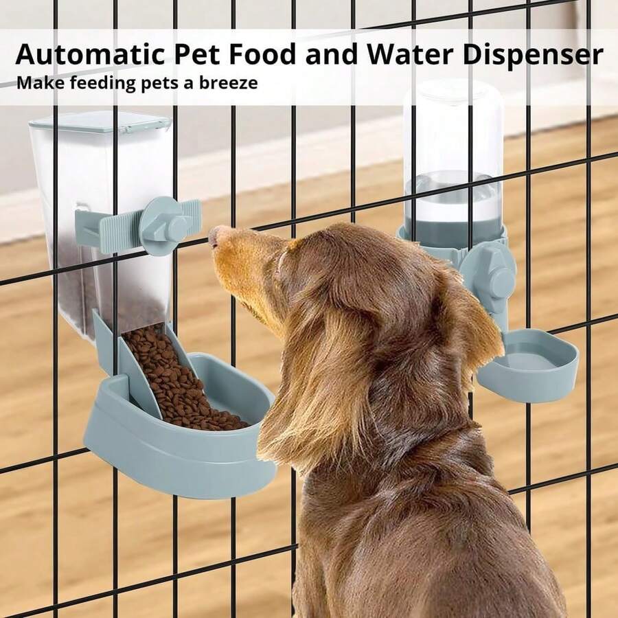 Easy-attach ABS plastic pet feeder and water dispenser set with 500ML+1L capacity for small animals like rabbits, cats, dogs, ferrets, and birds.