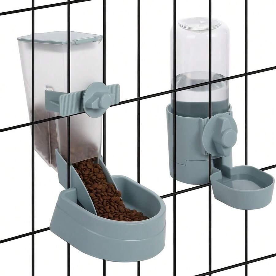 Easy-attach ABS plastic pet feeder and water dispenser set with 500ML+1L capacity for small animals like rabbits, cats, dogs, ferrets, and birds.