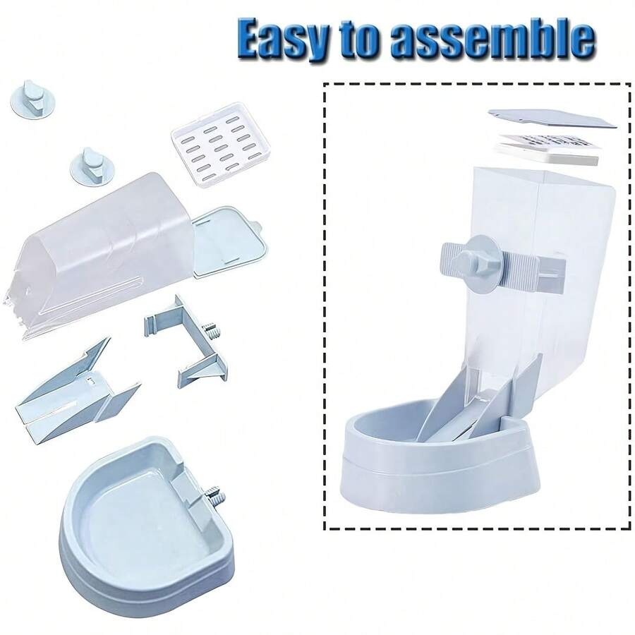 Easy-attach ABS plastic pet feeder and water dispenser set with 500ML+1L capacity for small animals like rabbits, cats, dogs, ferrets, and birds.