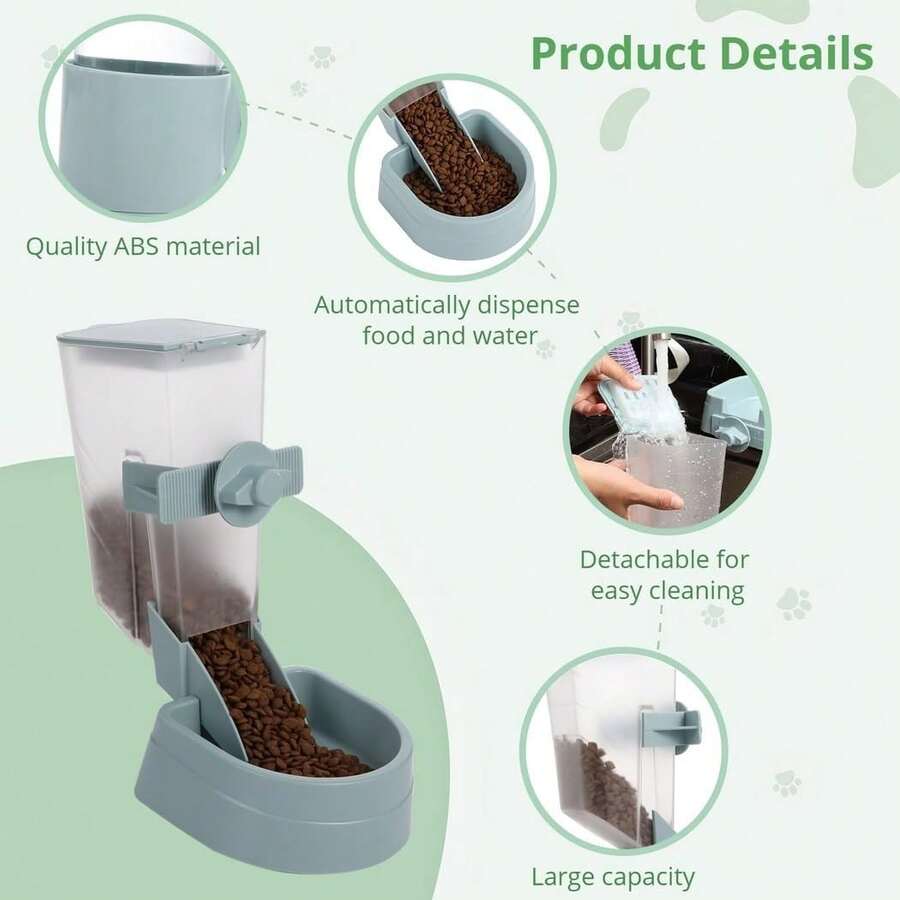 Easy-attach ABS plastic pet feeder and water dispenser set with 500ML+1L capacity for small animals like rabbits, cats, dogs, ferrets, and birds.