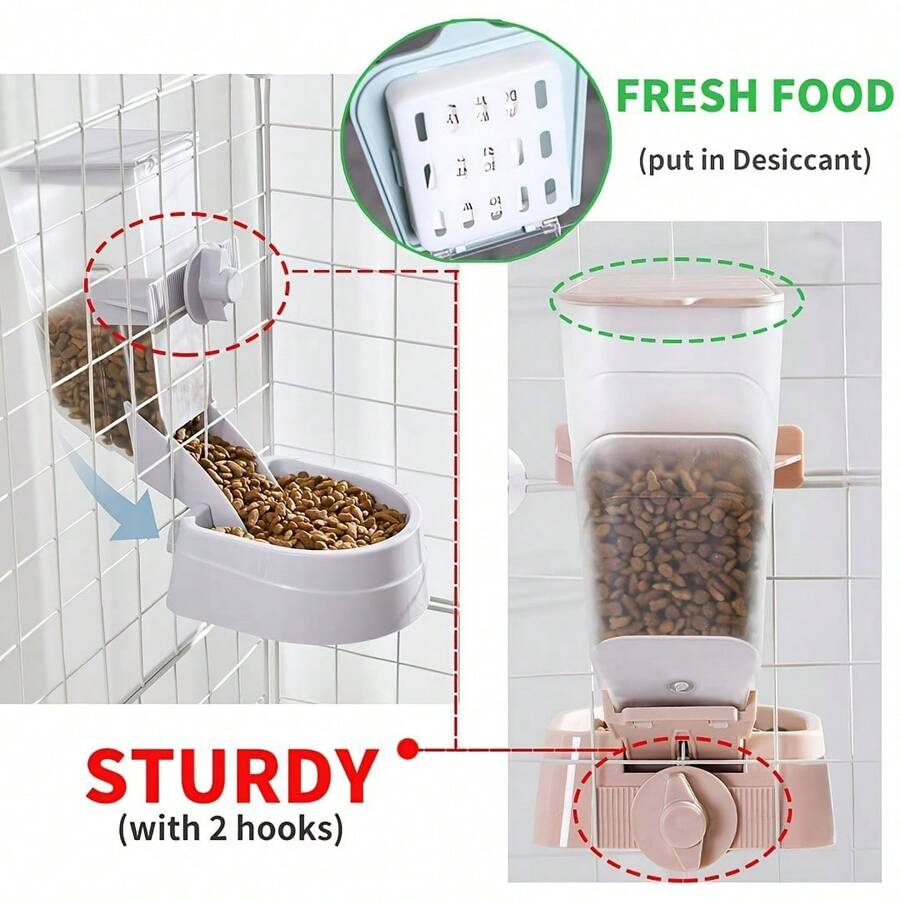 Easy-attach ABS plastic pet feeder and water dispenser set with 500ML+1L capacity for small animals like rabbits, cats, dogs, ferrets, and birds.