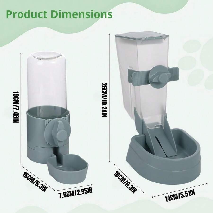 Easy-attach ABS plastic pet feeder and water dispenser set with 500ML+1L capacity for small animals like rabbits, cats, dogs, ferrets, and birds.
