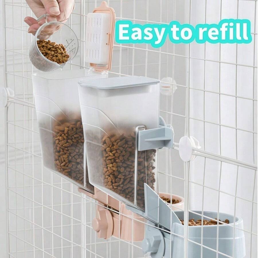 Easy-attach ABS plastic pet feeder and water dispenser set with 500ML+1L capacity for small animals like rabbits, cats, dogs, ferrets, and birds.