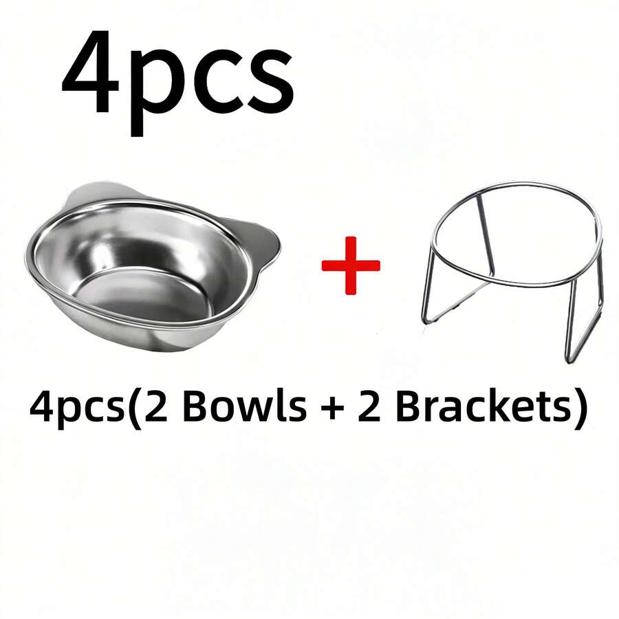 Four-piece elevated stainless steel cat bowl set with two 15-degree tilted stands for indoor cats and dogs.