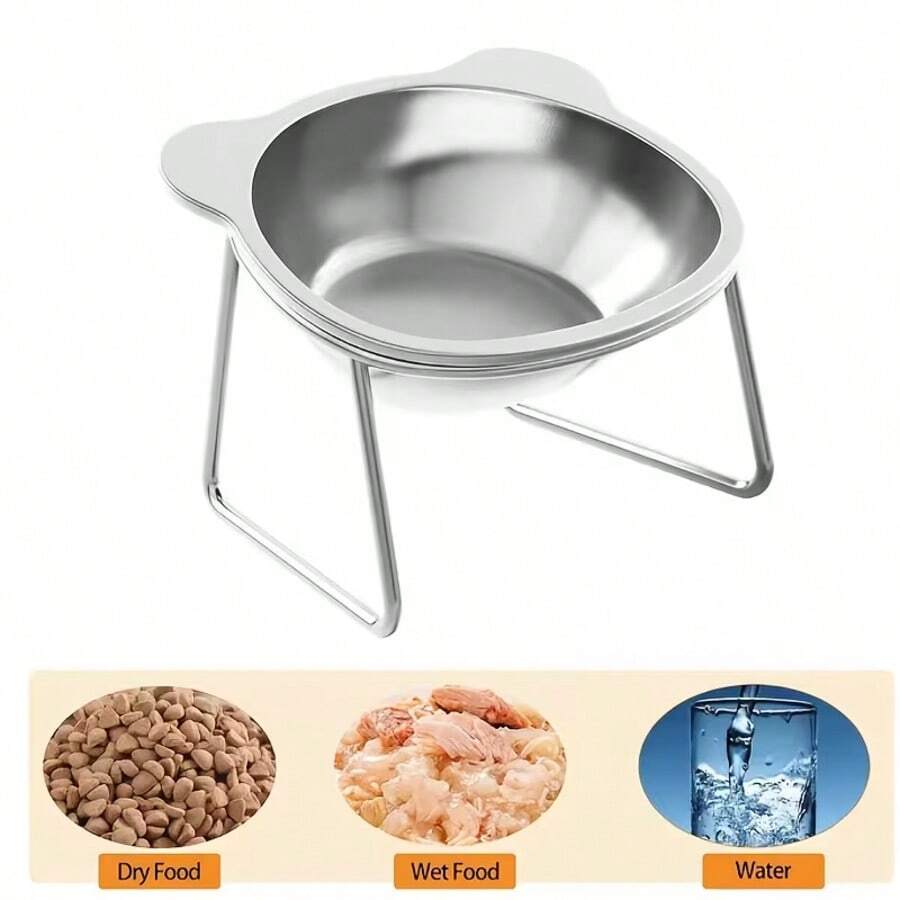 Four-piece elevated stainless steel cat bowl set with two 15-degree tilted stands for indoor cats and dogs.