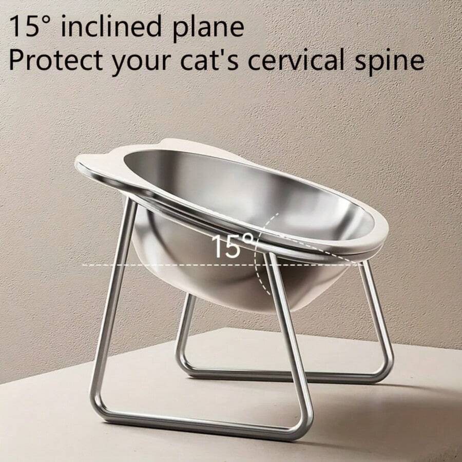 Four-piece elevated stainless steel cat bowl set with two 15-degree tilted stands for indoor cats and dogs.