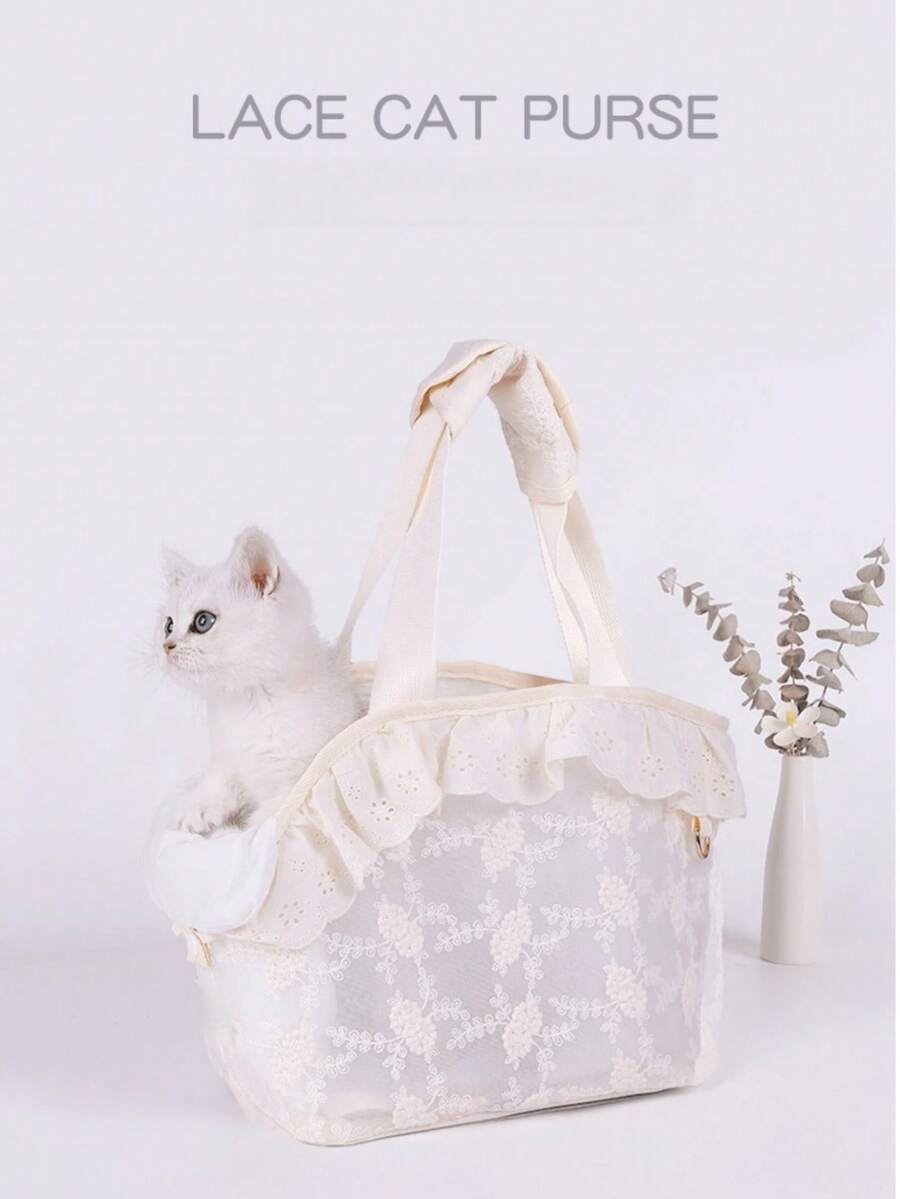 Beige soft-sided pet carrier tote bag featuring lace design and shoulder straps for small dogs and cats.