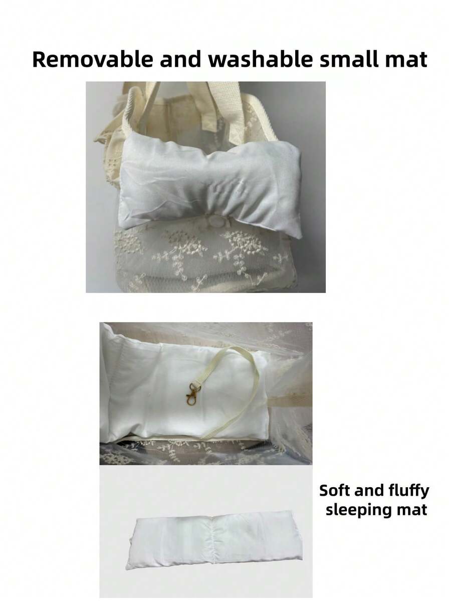 Beige soft-sided pet carrier tote bag featuring lace design and shoulder straps for small dogs and cats.