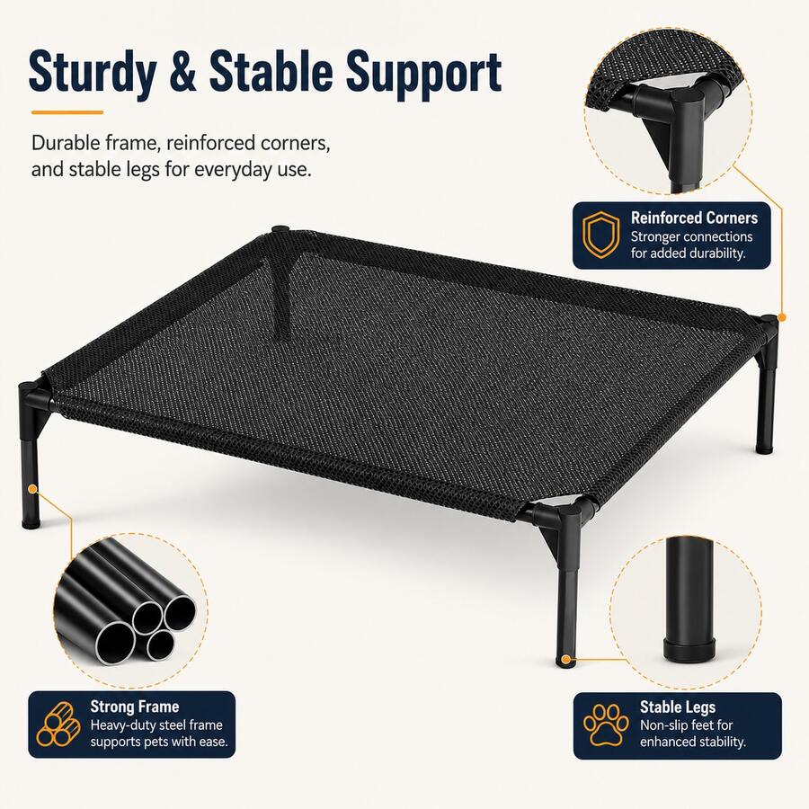 Black elevated dog bed featuring breathable mesh cooling cot design for dogs and cats